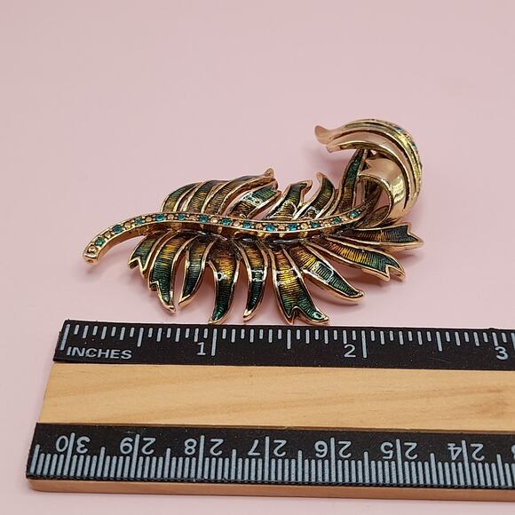 Vintage Monet Feather Brooch, Green Rhinestones, Brown Enamel, 2 3/4 Inches - Picture 6 of 7